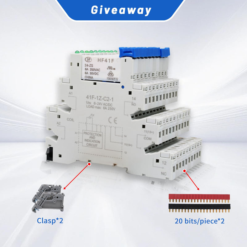 (10Pcs) 24V Relay Din Rail;Silm;Signal Relay for PLC;24VDC and 24VAC Both;HF41F/24-ZS 5 Pin 1NO 1NC 6A SPDT with LED Indicator with Socket Base;Max 6A 250VAC;24 Coil dc/ac 10