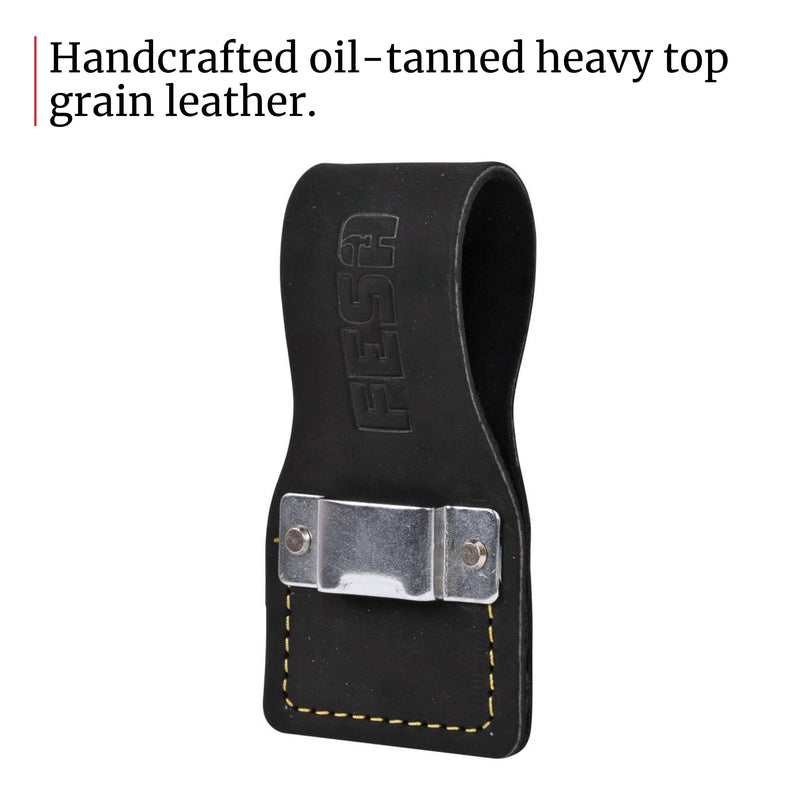 FESA Leather Tape Measure Holder - Top Grain Leather Measuring Tape Holder or Drill Holder for Tool Belt w/Steel Clip & Reinforced Heavy Duty Rivets - Fits Belts up to 3" - Handcrafted Black