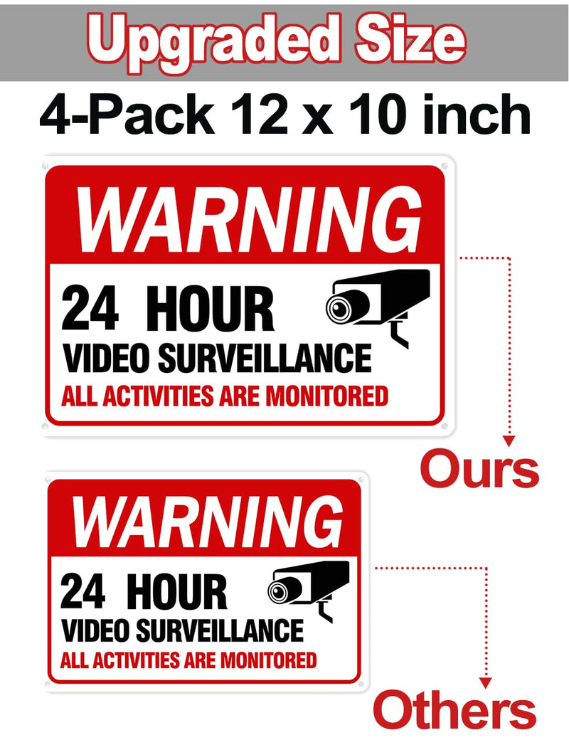 Video Surveillance Sign, 4-Pack 12"x 8" Security Camera Sign, Reflective and Waterproof Material 24 Hour Surveillance Sign For Home/Business sing-02-Red 4 Packs
