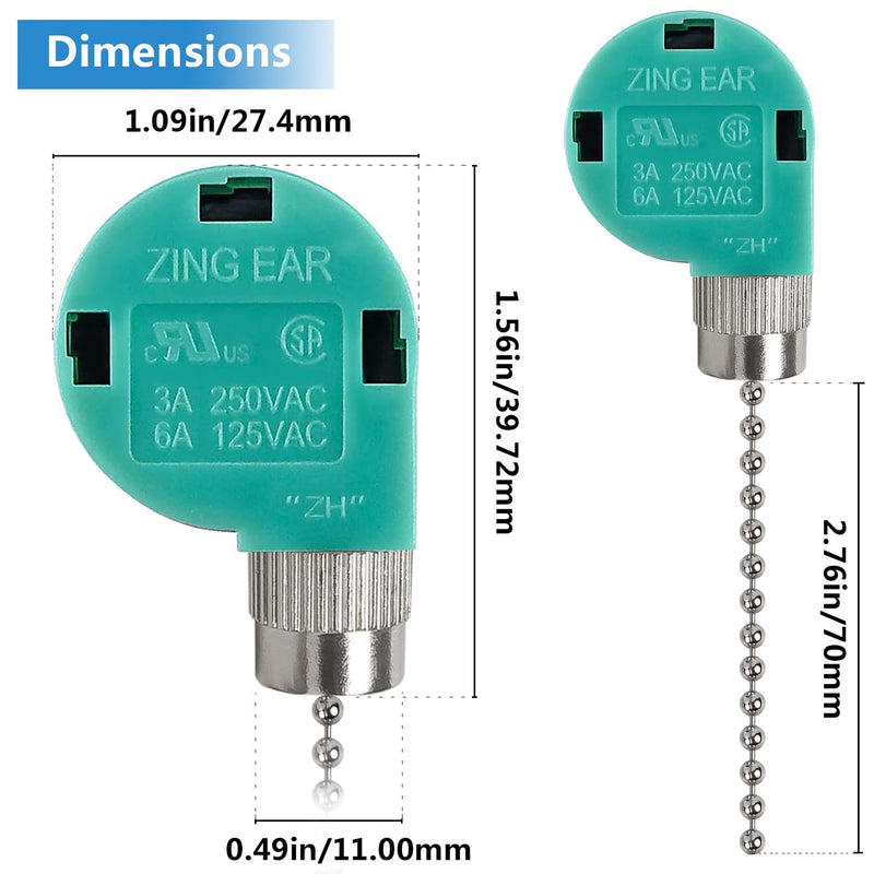 Ceiling Fan Switch, 4 Wire Zing Ear ZE-268S6 Pull Chain Switch Replacement 3 Speed Control Switch Compatible with Hunter Ceiling Fans, Wall Lamps, Cabinet Light (Nickel Pull Chain) ZE-268s6 Nickel