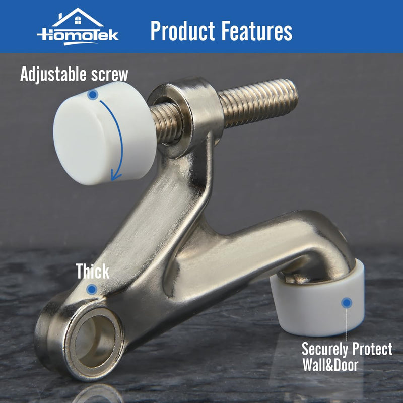 HOMOTEK 1 Pack Hinge Pin Door Stoppers, Hing Door Stops, Adjustable Deluxe Heavy Doorstops for Top of Door, Door Hinge Stoppers with White Rubber Bumper Tips,Satin Nickel Satin Nickel
