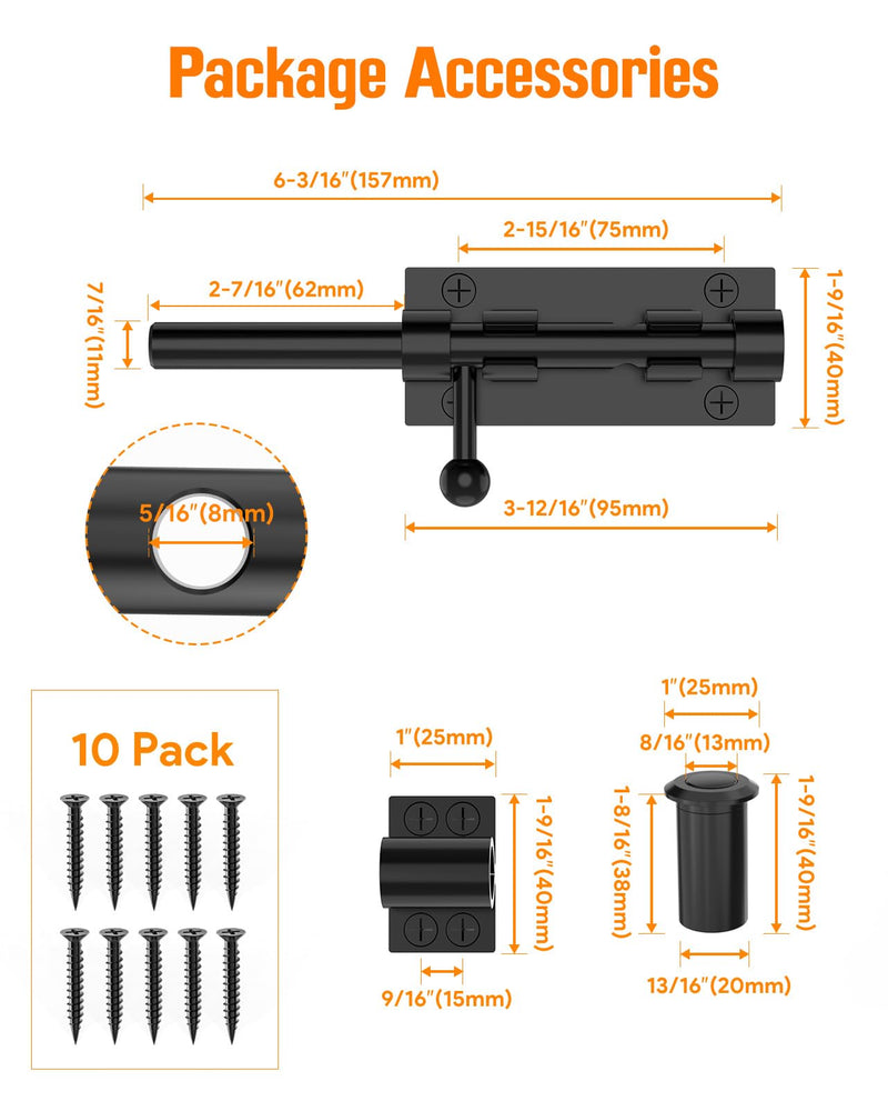 Barrel Bolt Latch, 6" Shed Door Latch, Heavy Duty Slide Bolt Gate Latch, Hardware Gate Drop Rod Bolt Lock for Barn Door, Wooden Fence, Courtyard, Backyard, Outdoor (Black - 1pc) Black - 1pc
