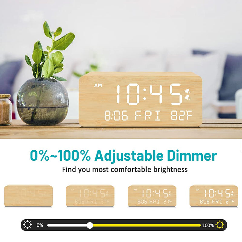 Andoolex Wooden Digital Alarm Clock with Wireless Charging, 0-100% Adjustable Brightness Dimmer and Alarm Volume, Weekday/Weekend Mode, Dual Alarm, Snooze, 12/24H, Wood LED Clock for Bedroom (Bamboo) Bamboo