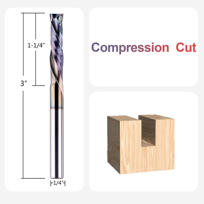 SpeTool UP&Down Compression Bit 1/4" Shank,1-1/4Inch Cutting Length 3 Inch OVL,Carbide Spiral Router Bits CNC End Mill with TAC Extra Long Life Coating for Wood Carving 1/4" Dia - 1-1/4" CL -1/4" Shank COMPRESSION CUT