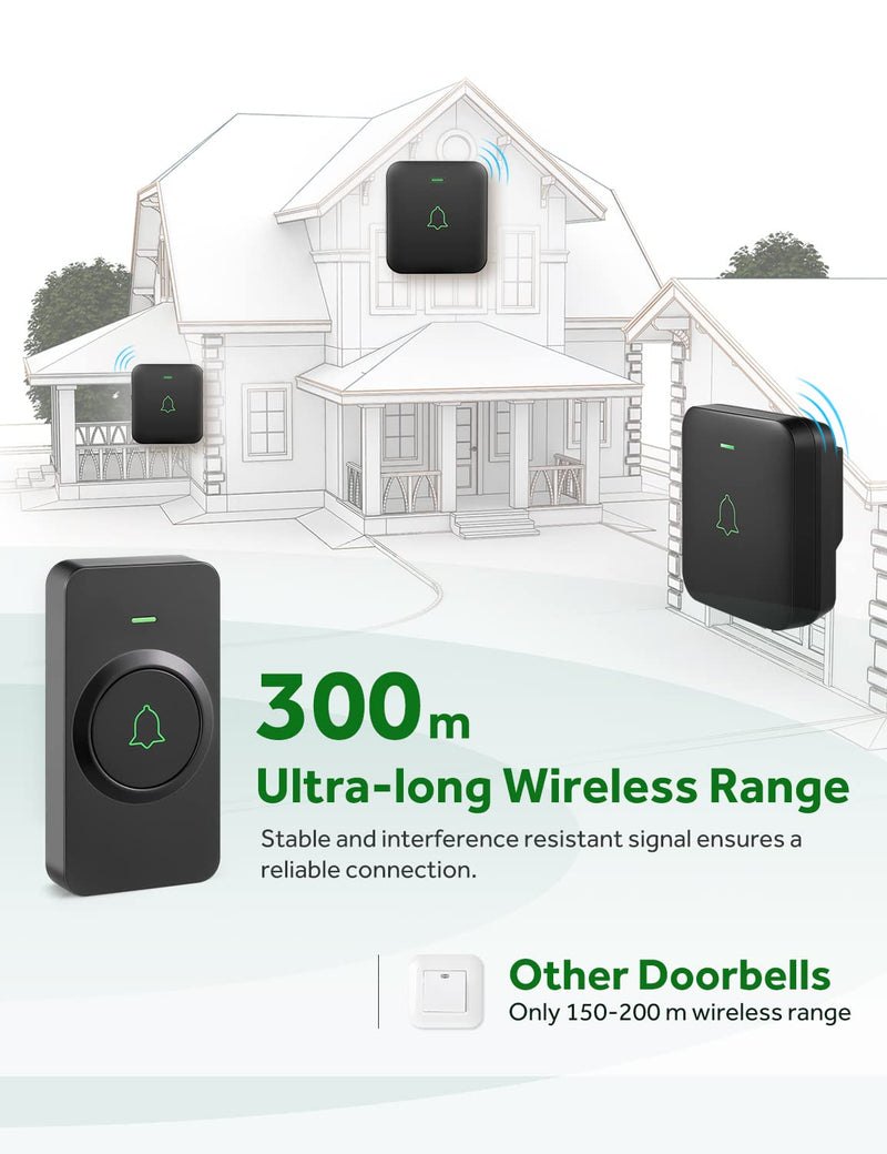 AVANTEK Wireless Door Bell, BA-11 Waterproof Battery Operated Doorbell Chime Operating at 1000 Feet, Portable Door Chime kit with 52 Melodies, 5 Volume Levels, and CD Quality Sound Black