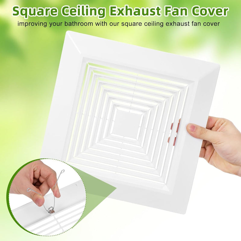 White Square Bathroom Exhaust Fan Cover with Spring, 10. 5" x10. 5" Ceiling/wall Mounted Grille, Replacement Parts for Old Damaged Fan Covers, Air Diffuser Ventilation Hood 10.5x10.5 inch