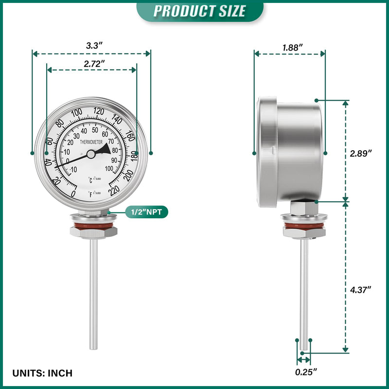 1/2" NPT Bimetal Thermometer, 0-220°F/-10-100°C, 3.2" Dial, 4.4" Stainless Steel Stem, Lower Mount, for Water, Oil, Steam, Boilers, Pipes 3.2" Dial, 4.4" Stem (0-220°F/-10-100°C)
