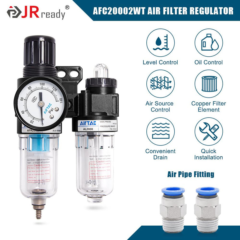 JRready Pneumatic Crimping Machine Accessory Tool, AFC20002WT Air Compressor Regulator with Gauge 1/4" Air Pressure Regulator Water Separator for Air Compressor Pneumatic Crimping Tools