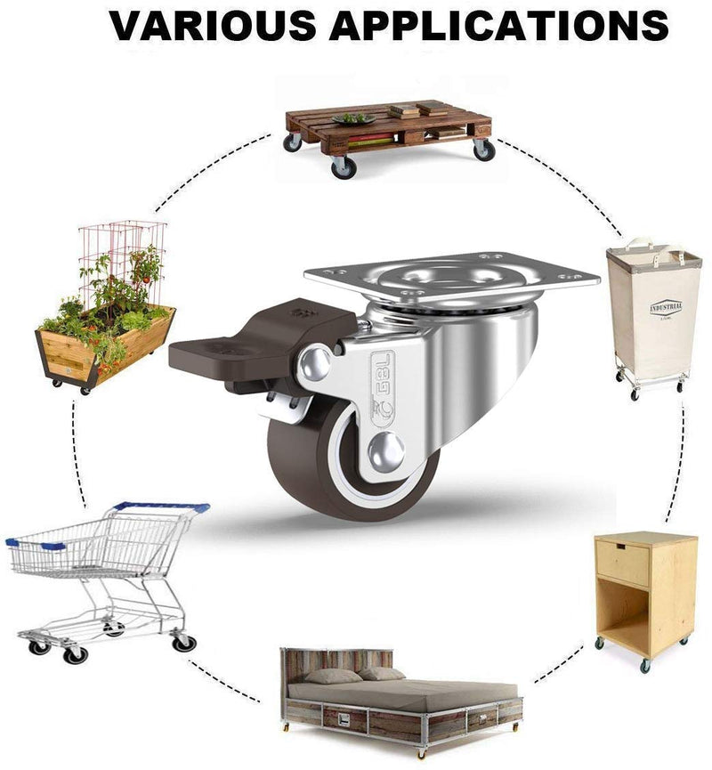 GBL 1" Small Caster Wheels with 2 Brakes + Screws - 90Lbs - Low Profile Castor Wheels with Brakes - Set of 4 No Floor Marks Silent Casters - Mini Wheels for Cart and Furniture