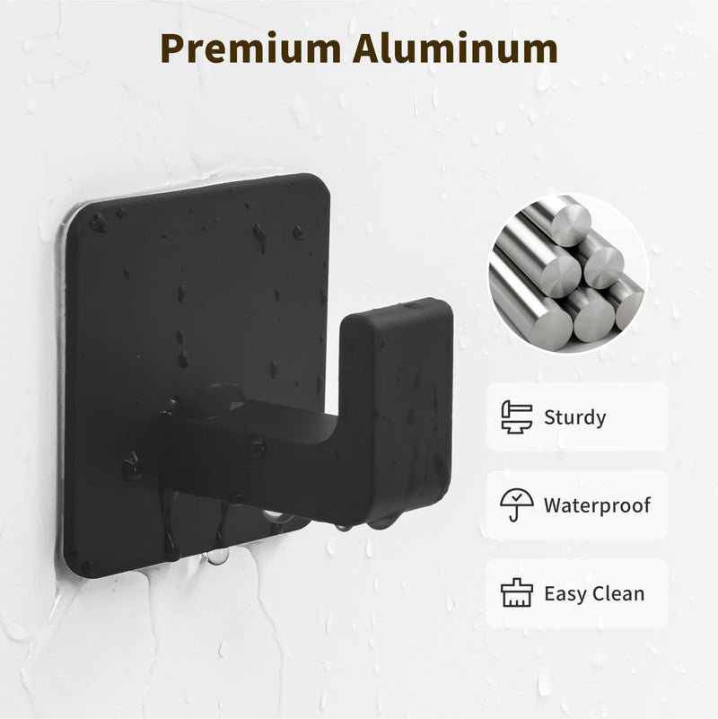 Square Self Adhesive Towel Hooks - Matte Black Bathroom Hooks for Hanging Towel, Coats, Modern and Stylish Hooks for Bathrooms and Kitchen, 2 Pack