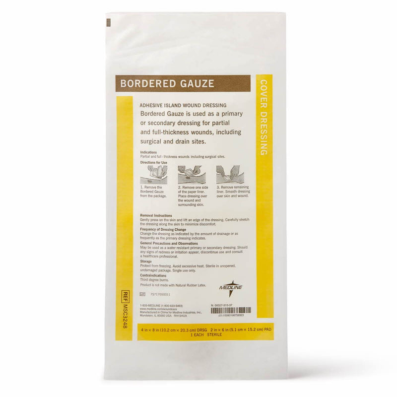 Medline Sterile Bordered Gauze, 4" x 8" with 2" x 6" Pad (Pack of 15) 4" x 8" (2" x 6" Pad)