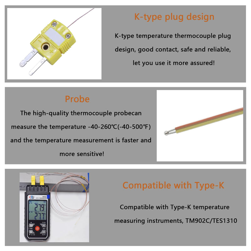 5pcs Pack High Accuracy K Type Mini-Connector Thermocouple Temperature Probe Sensor, 1 Metes Long Measure Range -40°C~260°C (-40°F~500°F)