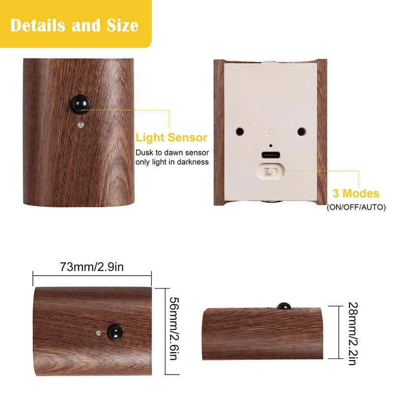 LANDGOO Intelligent Linkage LED Step Lights Wall Lamp, 2700-3000K Wooden Motion Sensor Stairs Night Light, Rechargeable for Stairs Hallway(Walnut Wood 2ps) Walnut Wood 2ps
