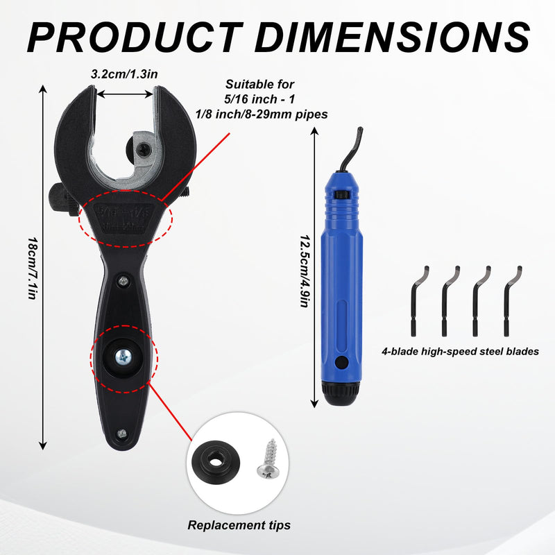 Ratchet Pipe Cutter Tool for 5/16"-1-1/8" (8-29mm) Copper Stainless Steel & PVC Pipes, Compact Adjustable Ratchet Tube Cutter with Deburring Tool & 4 Replacement Blades for Tight Spaces
