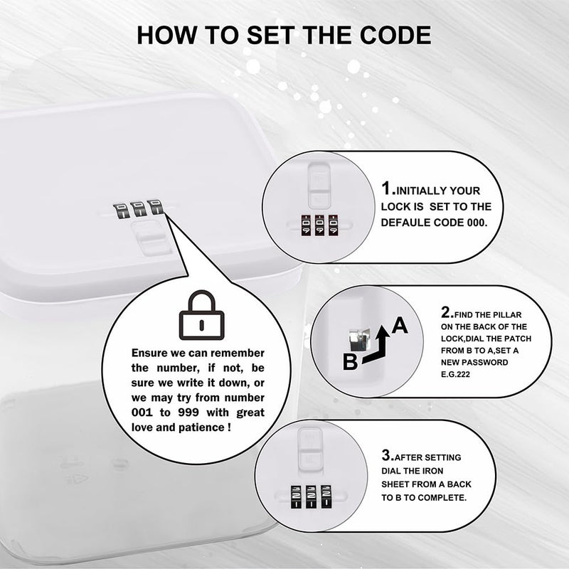 Clear Medicine Lock Box with code, Small Food Snack Phone medication Lock Boxes for Personal Items Combination Electronics Organizer,Phone Jail,Gaming Device Lockable Boxes White Lid + Clear Base