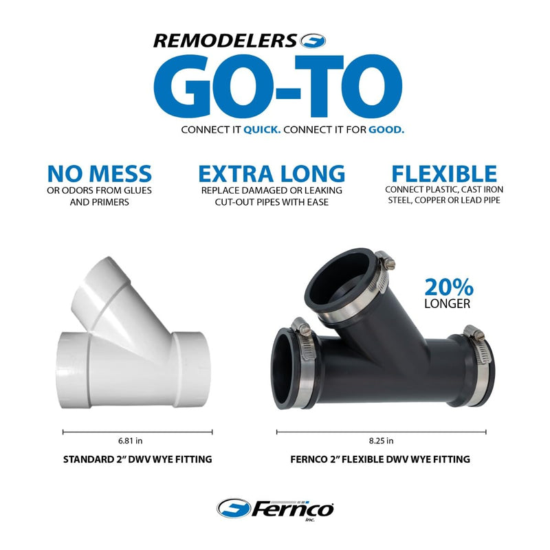 Fernco 2 in. Hub Flexible PVC Wye DWV Pipe Fitting Connector for Cast Iron, Steel and Plastic Connections in Black (Pack of 2) 2 Inch (Pack of 2)