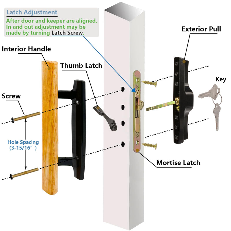 Sliding Glass Patio Door Handle Set with Key Cylinder and Mortise Lock 45° Keyway, Oak Wood Inside Handles and Zinc Diecast Outside Pull, 3-15/16" Hole Spacing, Non-Handed, Black Black Keyed Handles + Mortise Lock