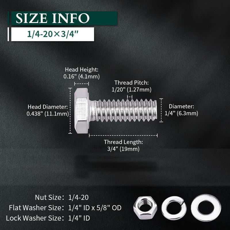 1/4-20 x 3/4" (10 Sets) Stainless Steel Hex Bolts Screws with Nuts Flat Washers Lock Washers, 304 SS 18-8, Hexagon Head, Fully Machine Threaded, Bright Finish 1/4-20 x 3/4" 10