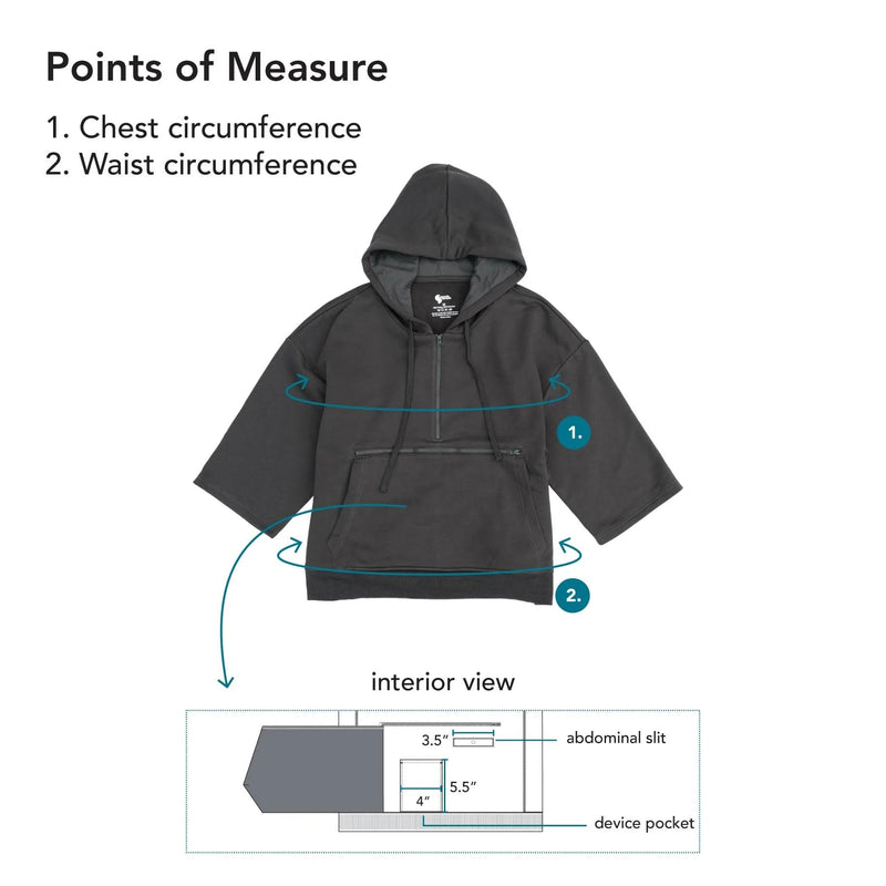 Spoonie Threads Adult 3/4 Sleeve Half-Zip Access Hoodie for Chest Port, Abdomen, Chemo, Insulin Pumps, & Post-Surgery X-Large Black