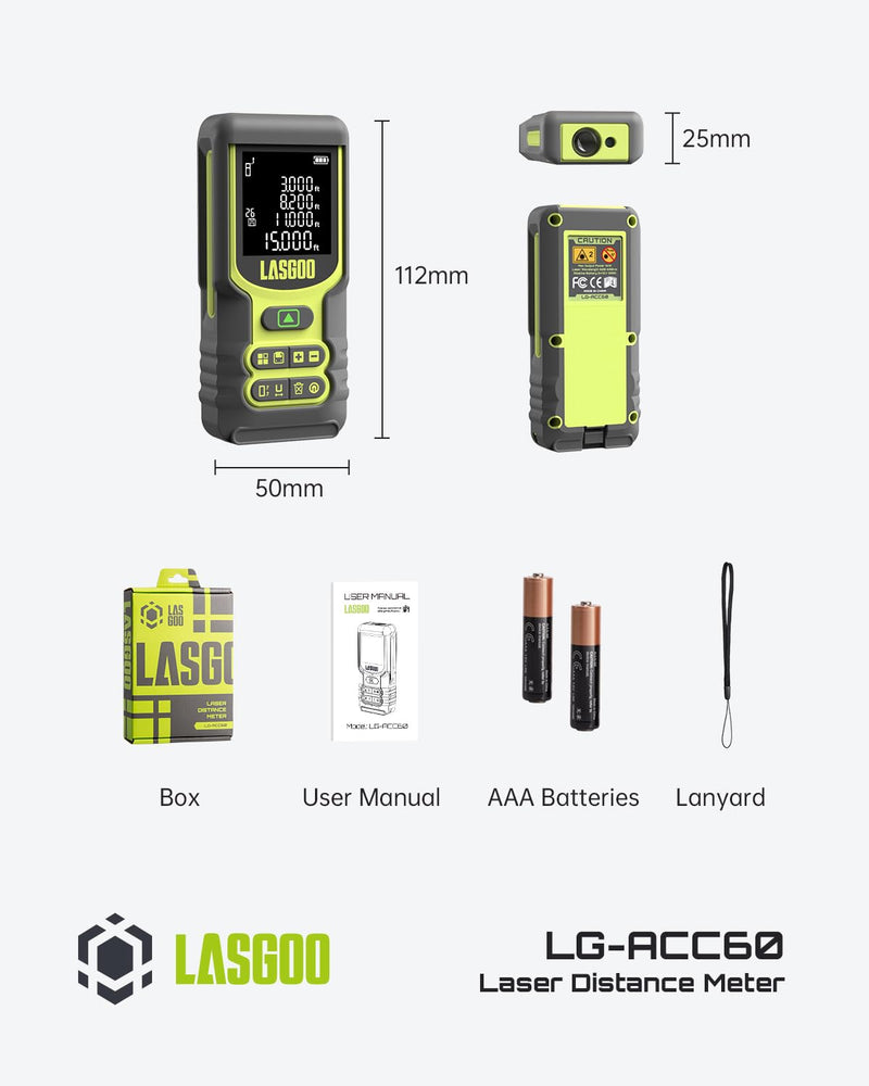 Laser Measure, LASGOO 60m/197ft Laser Measurement Tool, Laser Distance Meter with Ft/in/M Multiple Units, LCD Backlit Display, Pythagorean Mode, Area and Volume, Battery Included