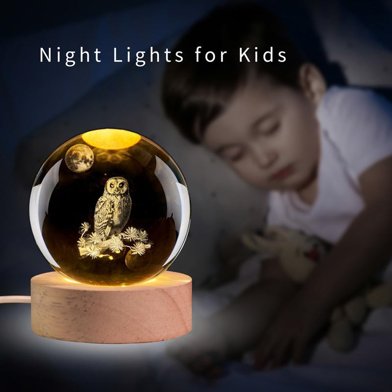 3D Owl Crystal Ball Night Light with LED Stand,Crystal Owl Figurine Lamp,Laser Etched Engraved Glass Paperweight,Owl Decor Gifts for Women Kids(2.4 in)