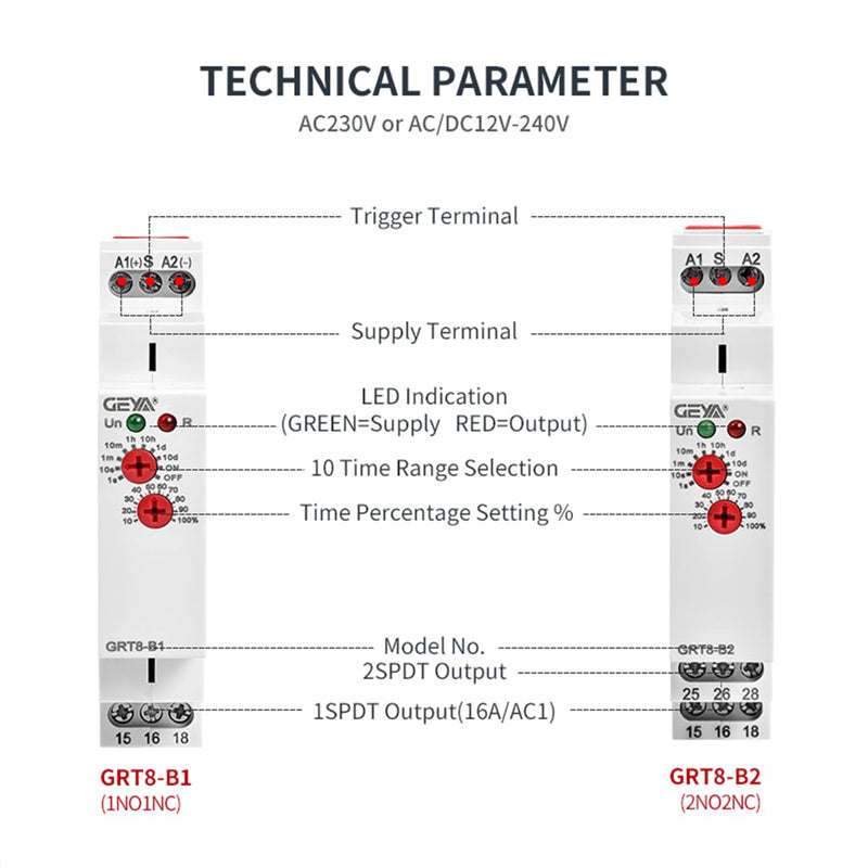GEYA Delay Off Single Function Time Relay 2 Outputs 16A Electronic Power Off Timer Delay Relay(GRT8-B2,AC/DC12V-240V) AC/DC12V-240V Grt8-b2