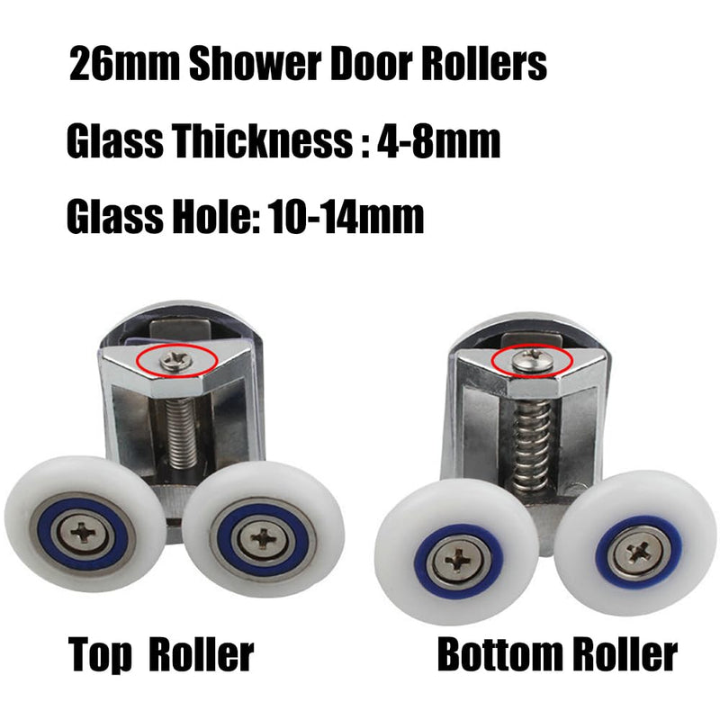 26mm Shower Door Rollers, 4PCS Sliding Shower Doors Wheels, Replacement Wheels Shower Doors，2xDouble Twin top/Bottom Shower ，Shower Door Runners Pulleys for Curved Glass Doors 6-8mm (QY141)