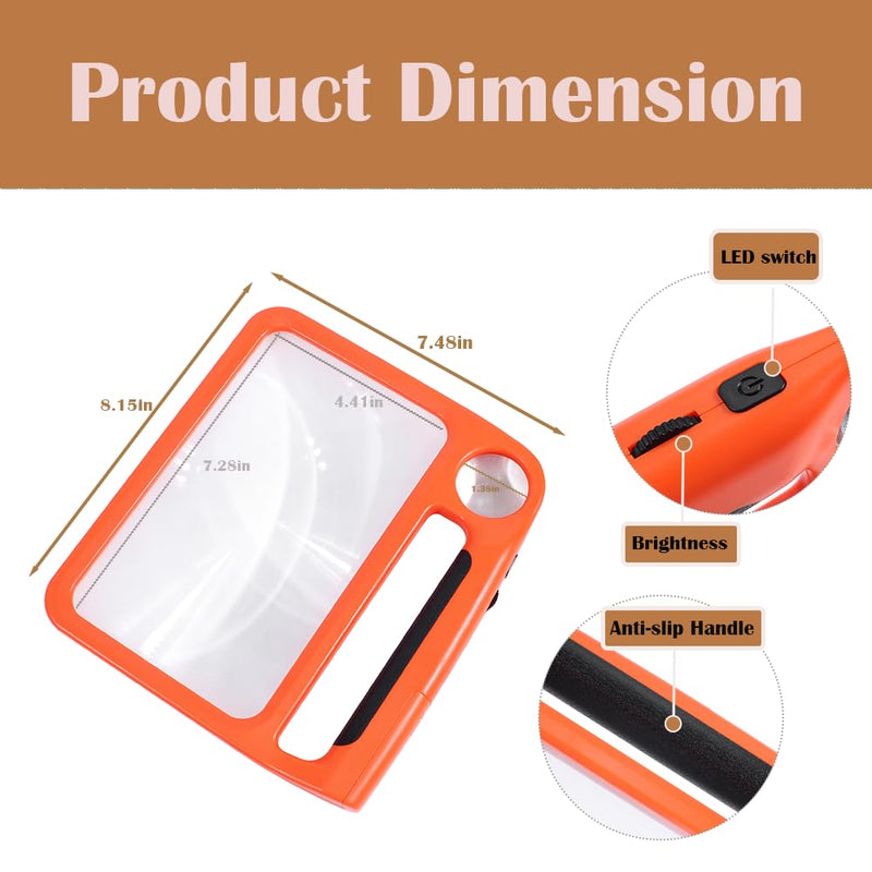 5X 10X Full Page Magnifying Glass for Reading, Rechargeable with 48 Adjustable LED Lights & 3 Light Modes, Comfort-Grip & Lightweight Handheld Magnifier for Seniors, Reading Aid, Low Vision(Orange) Orange