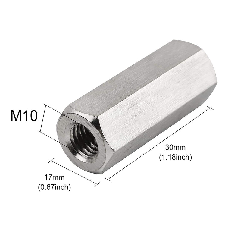 Pack of4 M10 X 1.5-Pitch 30 mm Length Hex Width17mm Metric Hex Coupling Nut 304 Stainless Steel Rod Coupling Nuts