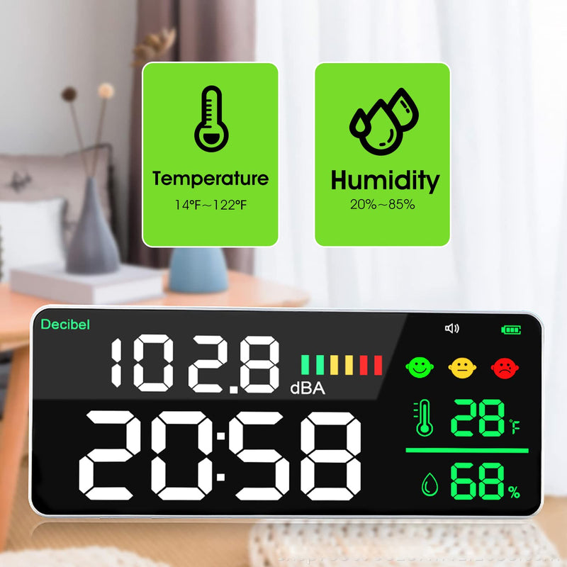 Decibel Meter Wall Hanging Sound Level Meter, 11in Large LED Display +Time + Humidity + Temperature; 4 in 1 Decibel Meter 30-130dB Rang DB Meter & SPL Meter Wide Applications for Home T4-DM165A-F