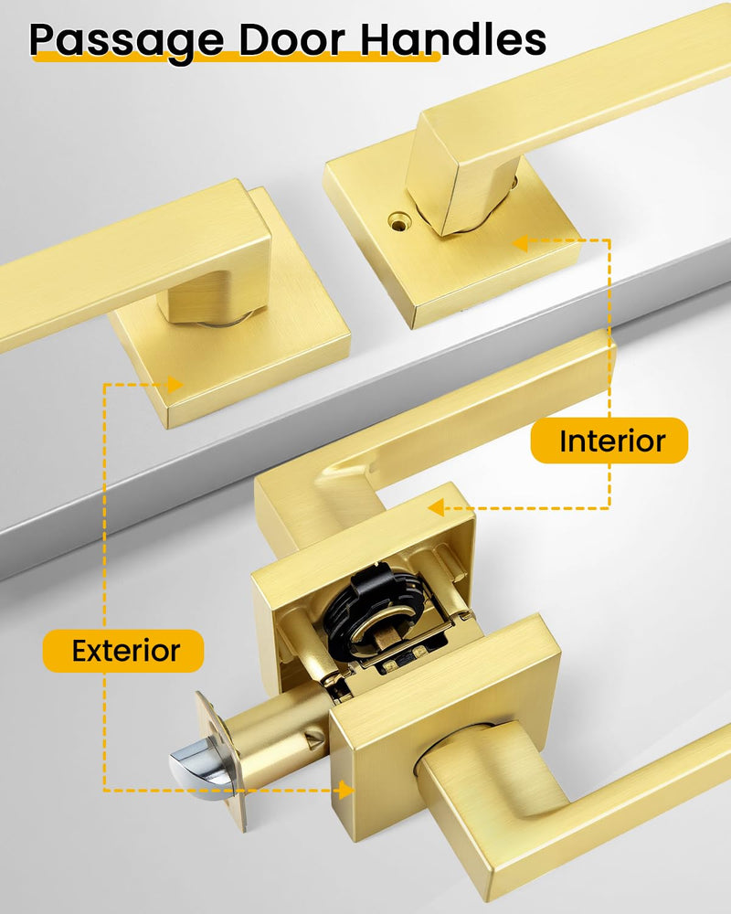 Goldenwarm Brushed Gold Passage Door Handles 1 Pack, Modern Zinc Alloy Interior Door Levers Keyless Non-Locking Passage Handleset for Hallway and Closet, Reversible Heavy Duty Lever Door Hardware