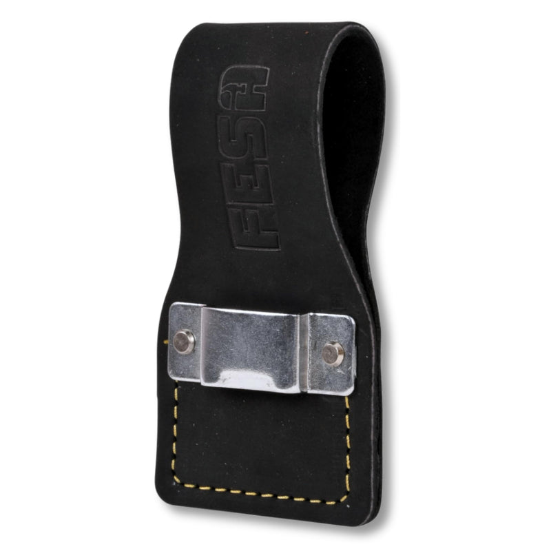 FESA Leather Tape Measure Holder - Top Grain Leather Measuring Tape Holder or Drill Holder for Tool Belt w/Steel Clip & Reinforced Heavy Duty Rivets - Fits Belts up to 3" - Handcrafted Black