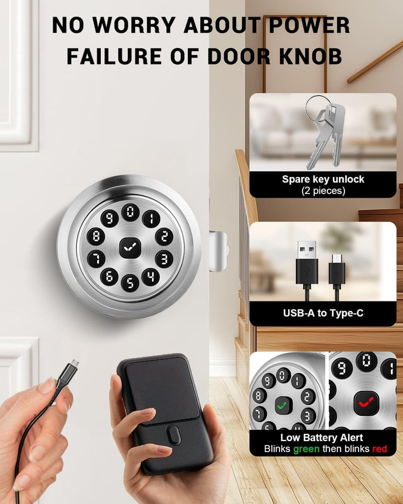 Smart Keypad Door Lock with Handle, Smart Door knobs with Lock, Auto Door Lock with Code and App, Keyless Entry Door Knob for Bedroom, Front Door, Smart Home, Apartment, Local Data Storage Silver
