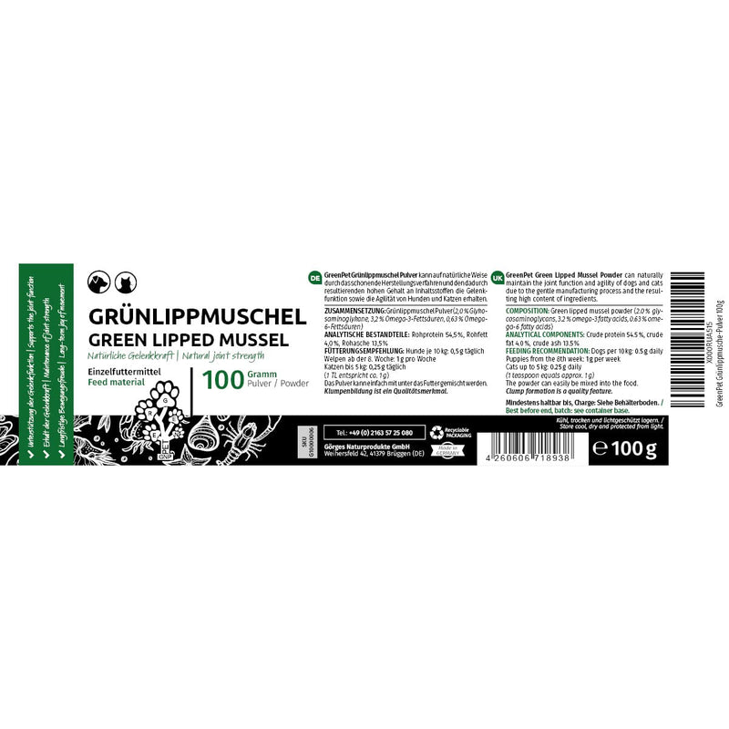 GreenPet green-lipped mussel for dogs and cats 100g - natural green-lipped mussel powder to support joint function, green-lipped mussel for dogs and cats, high acceptance - PawsPlanet Australia