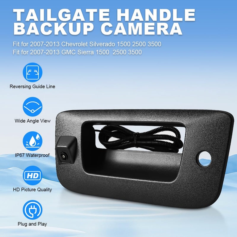 Rear Tailgate Handle Backup Camera Compatible with 2007-2013 Chevy Silverado/GMC Sierra 1500 2500HD 3500HD Tailgate Reversing View Park Assist Camera Replaces 22755304 180°Wide Angle Fit for 2007-2013 Chevy Silverado GMC Sierra
