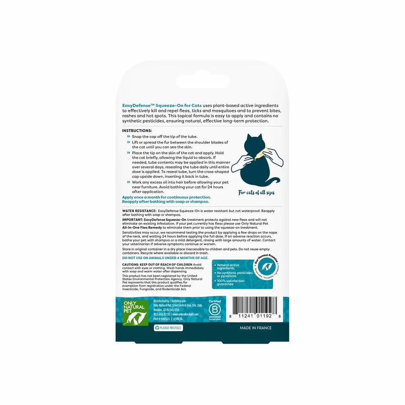Only Natural Pet EasyDefense Natural Control Squeeze-On Drops - Plant-Based Formula for Cats Over 4 Months - Natural Topical Care Formula for Cats - Pet Health Protection - 3-Month Supply (2-Pack) 2-Pack