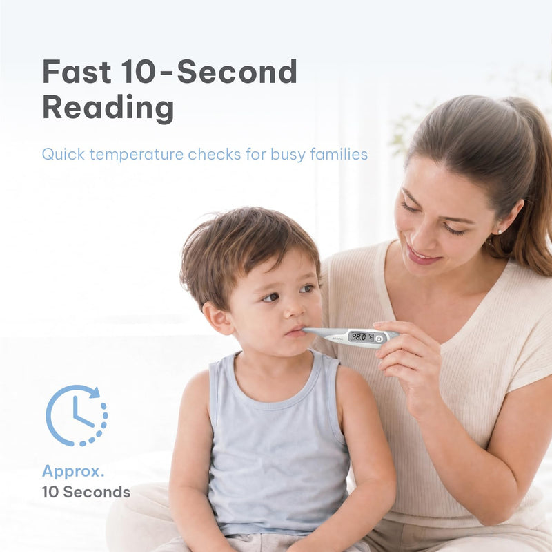 Flexible Tip Digital Thermometer for Adults & Kids, Fast 10-Second Reading, Waterproof, 3-in-1 Oral Rectal Underarm Use, Fever Alarm, White