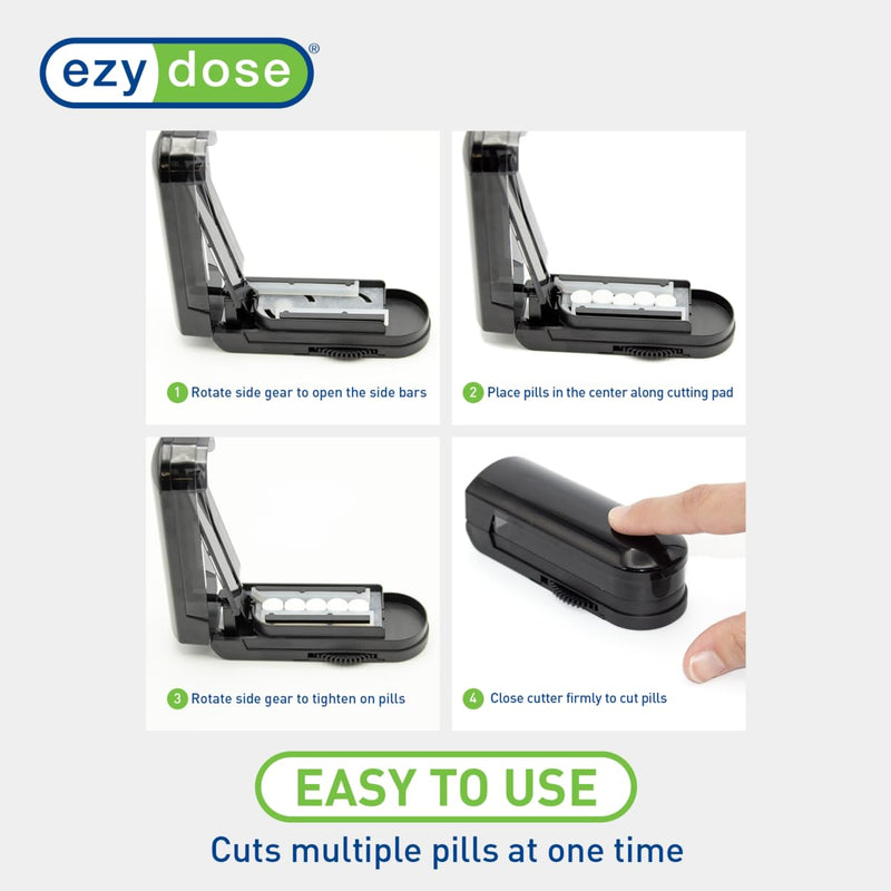 EZY DOSE Multi-Pill Cutter and Splitter with Dispenser, Cuts Multiple Pills, Vitamins & Tablets at Once, Stainless Steel Blade, Easy-to-Use, Travel Size Pill Organizer for Seniors and Adults Black