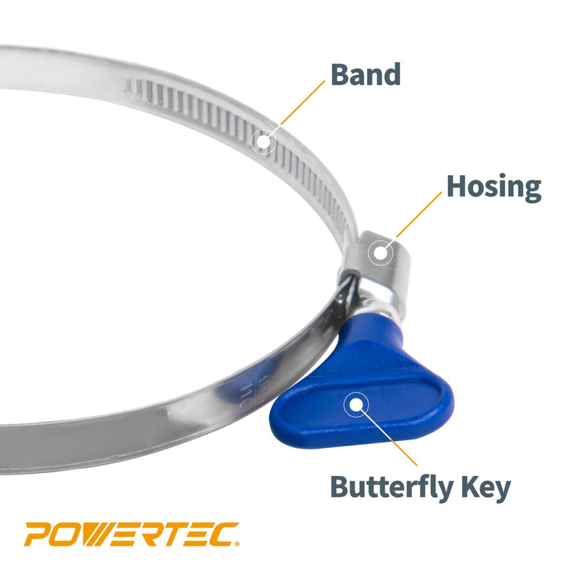 POWERTEC 70260 4 Inch Key Hose Clamp, Thumb Screw Key Adjustable Stainless Steel Hose Clamps for Dust Collection, Dust Collector and Dryer Vent Hose, Pipe Clamp, RV Clamp, Worm Gear Clamp, 10 pack Key clamps (10 PK)