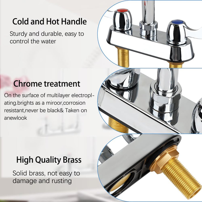 Commercial Bar Sink Faucet with 8" Gooseneck Spout, 4 Inch Center Deck Mount Hand Sink Faucet for Laundry, Restaurant, Utility Sink, Brass Constructed