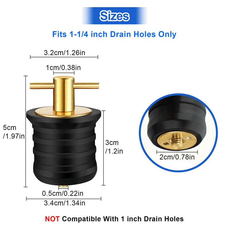 Linkstyle 4PCS Boat Drain Plugs for 1-1/4 Inch Drain Holes, Brass T-Handle Drain Plug, Twist-Turn Leak-Proof Rubber Plug for Boats, Yachts, Kayaks Gold