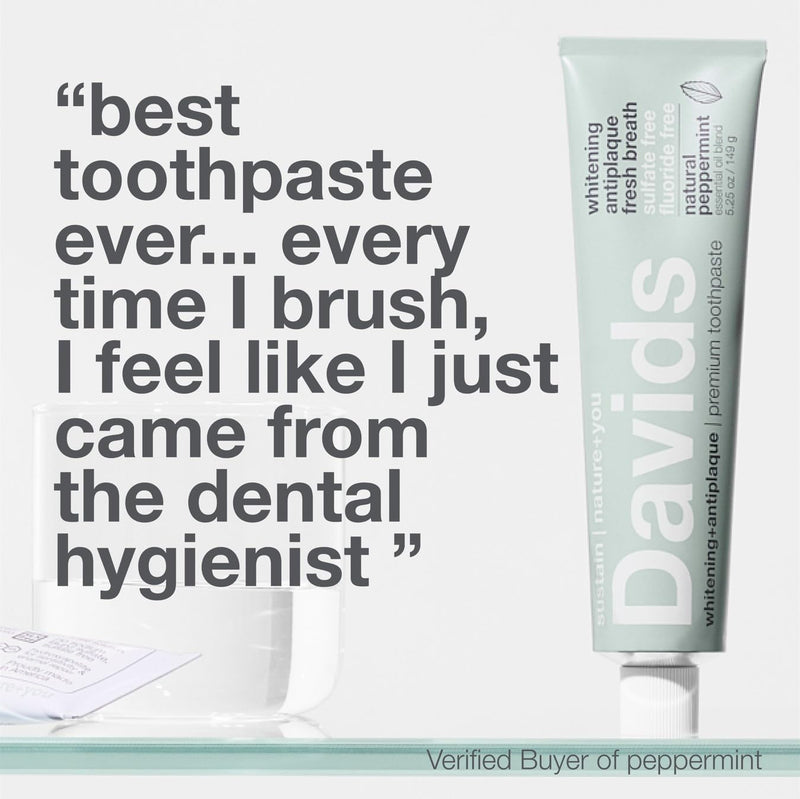 Davids Fluoride Free Whitening & Antiplaque Toothpaste, Natural Peppermint, Mouth & Gum Detox, SLS Free, EWG Verified Clean & Safe Ingredients, 5.25oz, Made in USA 5.25 Ounce (Pack of 1)