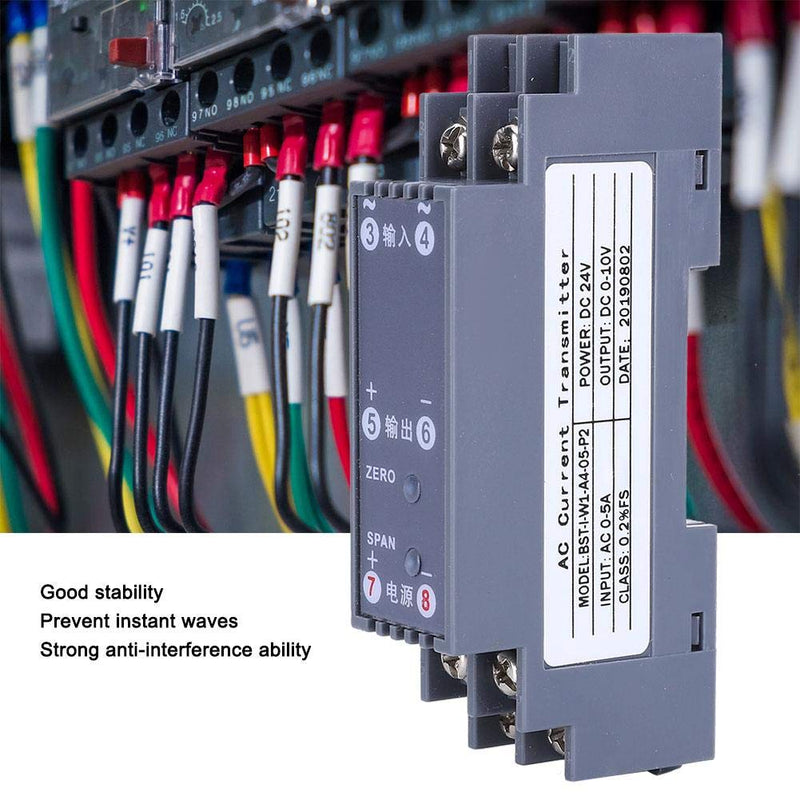 AC Current Transducer, AC 0-5A to DC DC0-10V Output Din-Rail 35mm ABS Shell, DC 24V Powered AC Current Sensor for Signal Transmitter