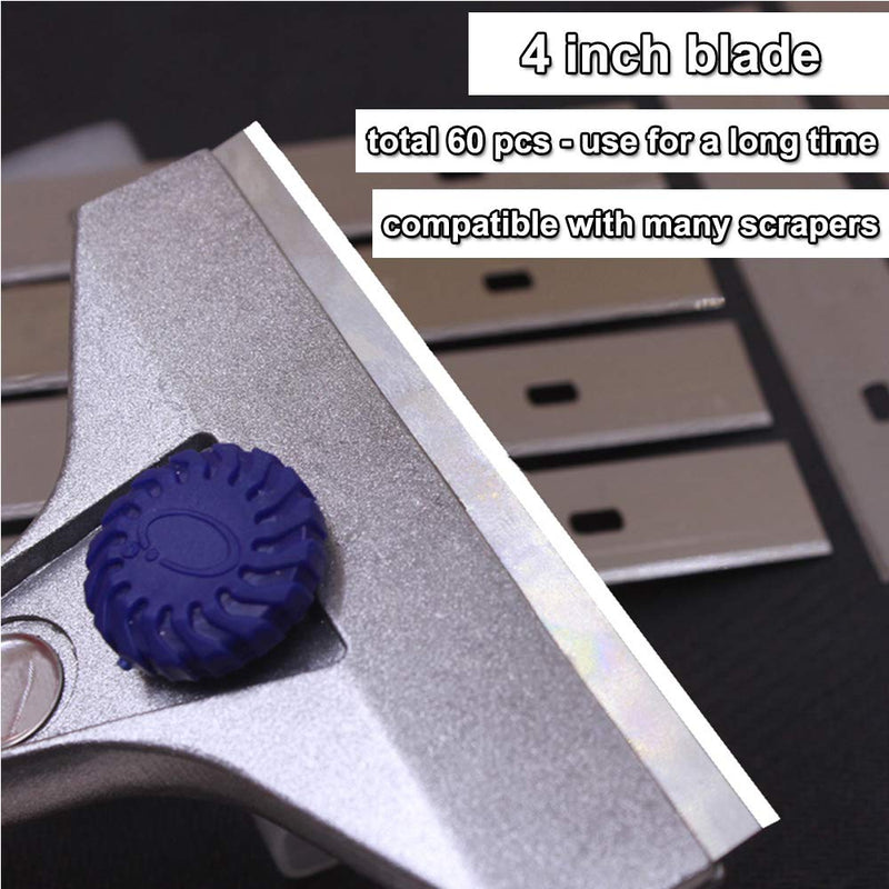 4" Scraper Blades 60 pcs Replacement Stainless Steel Razor Blade for Scraper to Remove Wallpaper Adhesive Vinyls 60 pcs blades