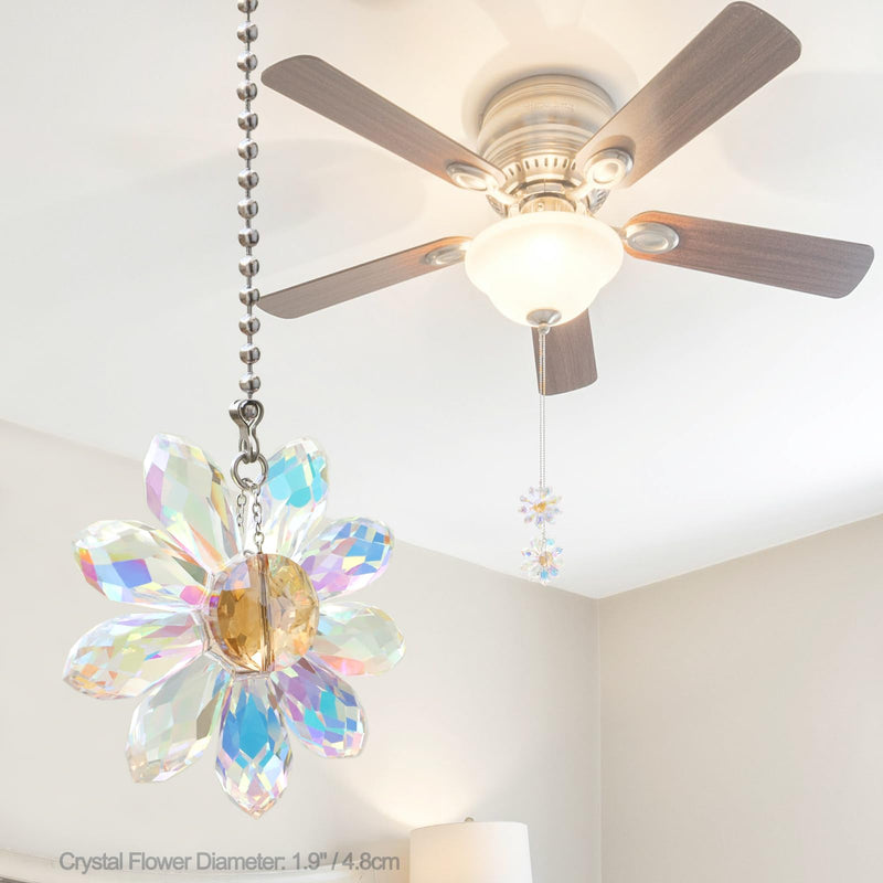LEFERS Ceiling Fan Pull Chain, 2 Pieces 1.8" Crystal Glass Flower Pendants with 24" Ceiling Fan Chain Extender and Connector (Crystal AB) Crystal AB