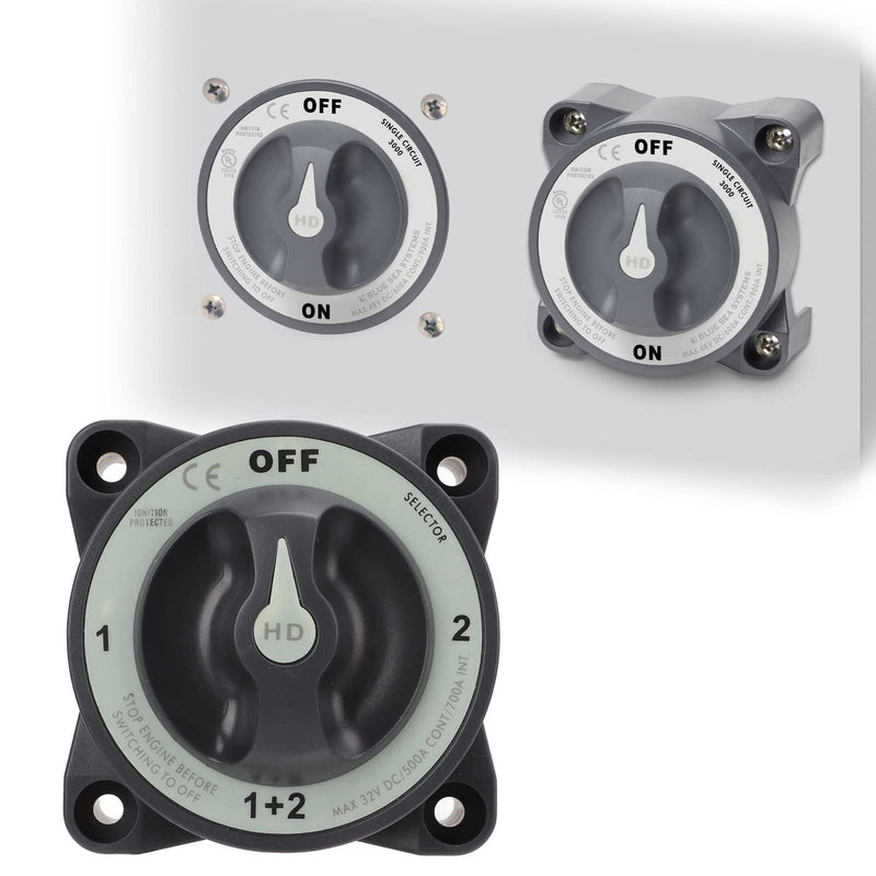 500A Battery Disconnect Switch, HD-Series Heavy Duty ON/OFF Power Disconnect Switch, 32V DC 4 Position OFF-1-1+2-2 Ignition Protected Boat Battery Switch for Marine Car RV Truck