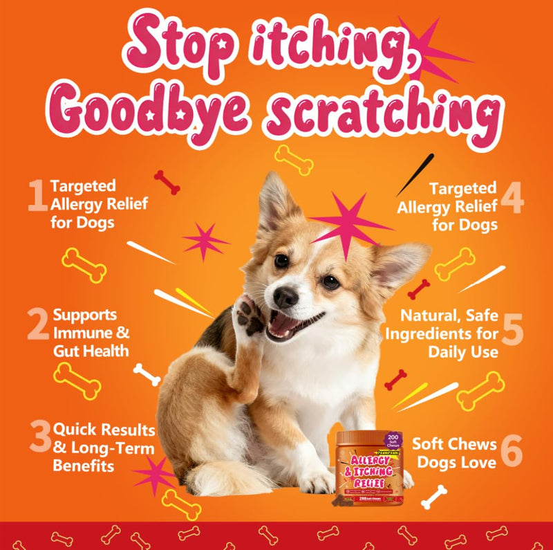 Dog Allergy Itch Relief Chews - Salmon Oil Omega-3, Omega-6, Vitamin B1/B2/B6, Colostrum Probiotics Supplement for Seasonal Allergy, Itch, Hot Spots, Paw Licking, Scratching, 200 Soft Chews