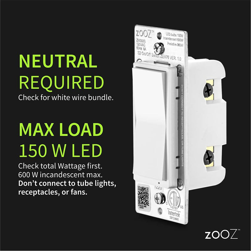 Zooz 800 Series Z-Wave Long Range S2 On Off Switch ZEN76 800LR, White | Simple Direct 3-Way and 4-Way Solution (Works with Regular Switches, No Aux Switch Needed) | Z-Wave Hub Required 800LR S2 On Off Switch ZEN76
