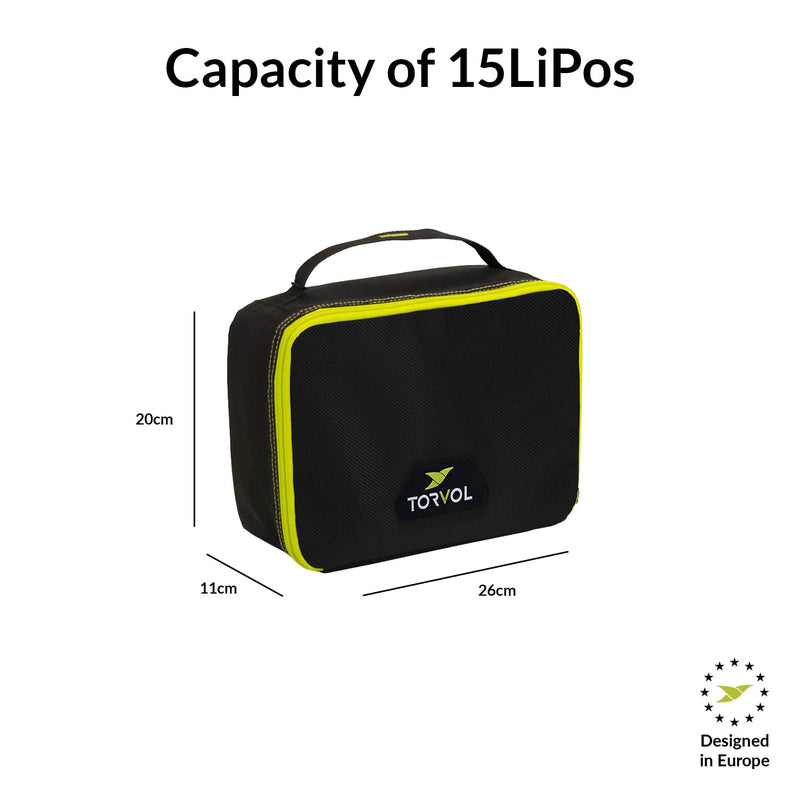 Torvol – LIPO SAFE BAG, Compact LiPo Battery Bag Fireproof, Stores up to 15 LiPo Batteries, Compatible Quad PITSTOP Backpacks, Battery Storage Organizer, 11 × 26 × 20 cm, Black & Green