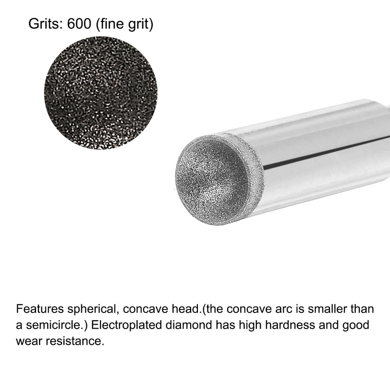 uxcell Diamond Grinding Mounted Point, 8mm 600 Fine Grits Spherical Concave Head Bead Coarse Grinding Bit for Jade Amber Stone Beeswax Glass